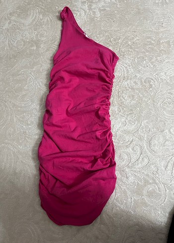 Pembe Drapeli Tek Omuzlu Mini Abiye Elbise - Görsel 2