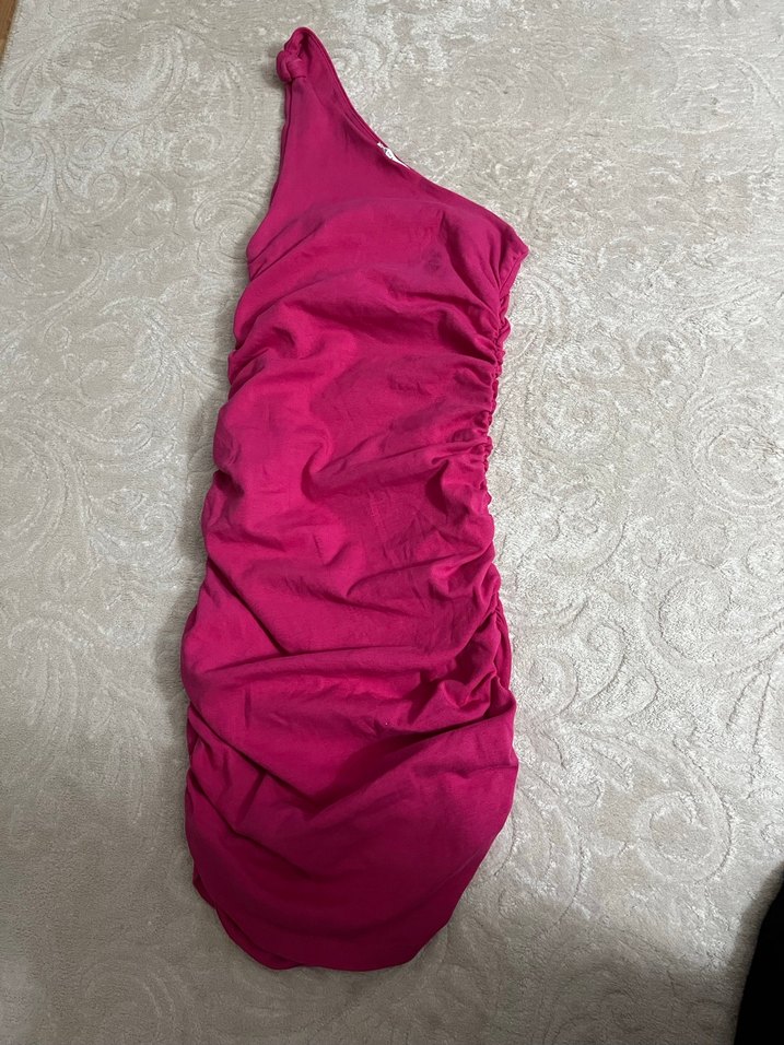 Pembe Drapeli Tek Omuzlu Mini Abiye Elbise - Görsel 2