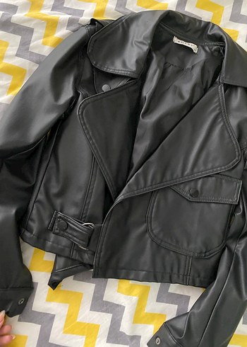 Kadın Siyah Deri Kemerli Biker Ceket - Görsel 3