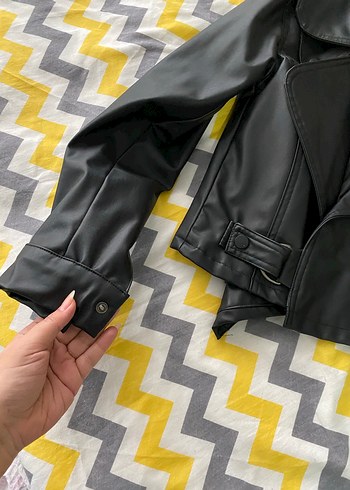 Kadın Siyah Deri Kemerli Biker Ceket - Görsel 2