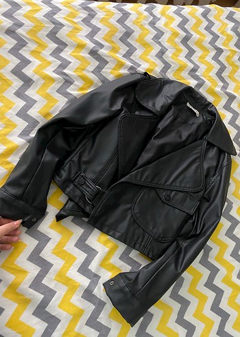 Kadın Siyah Deri Kemerli Biker Ceket - Görsel 4