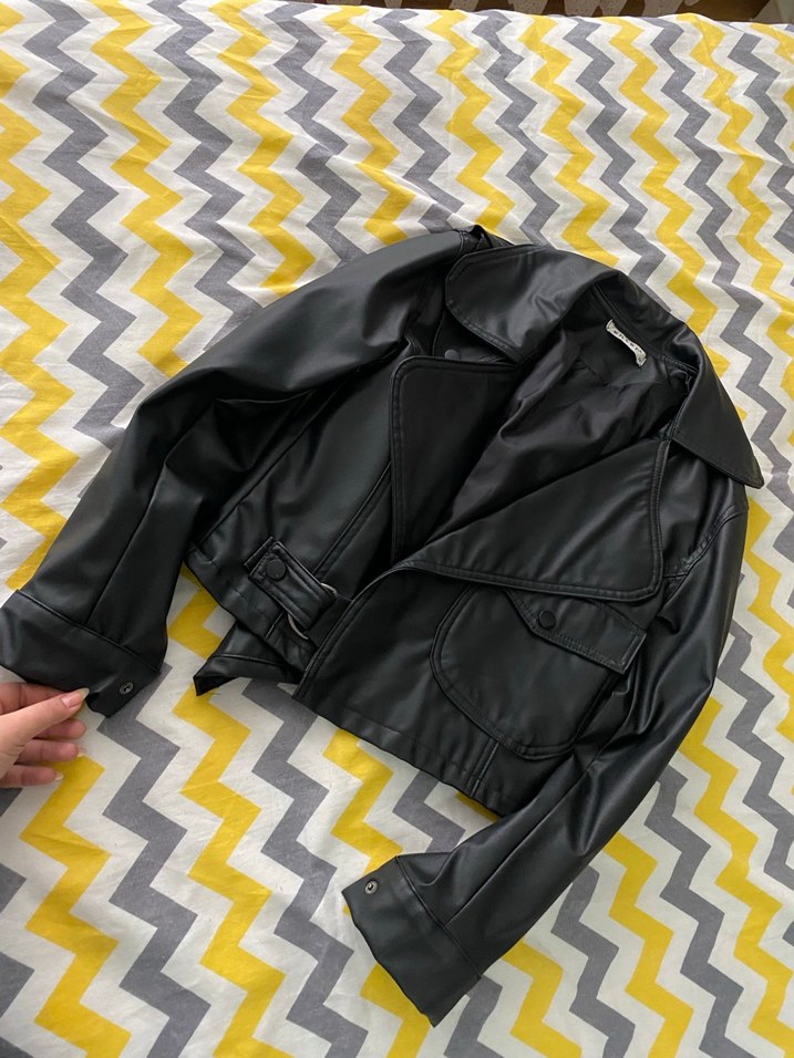 Kadın Siyah Deri Kemerli Biker Ceket - Görsel 4