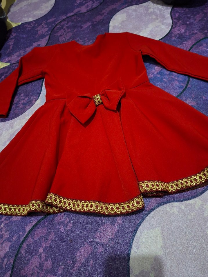 1 yaş Kız Çocuk Kırmızı Uzun Kollu Elbise - Görsel 2