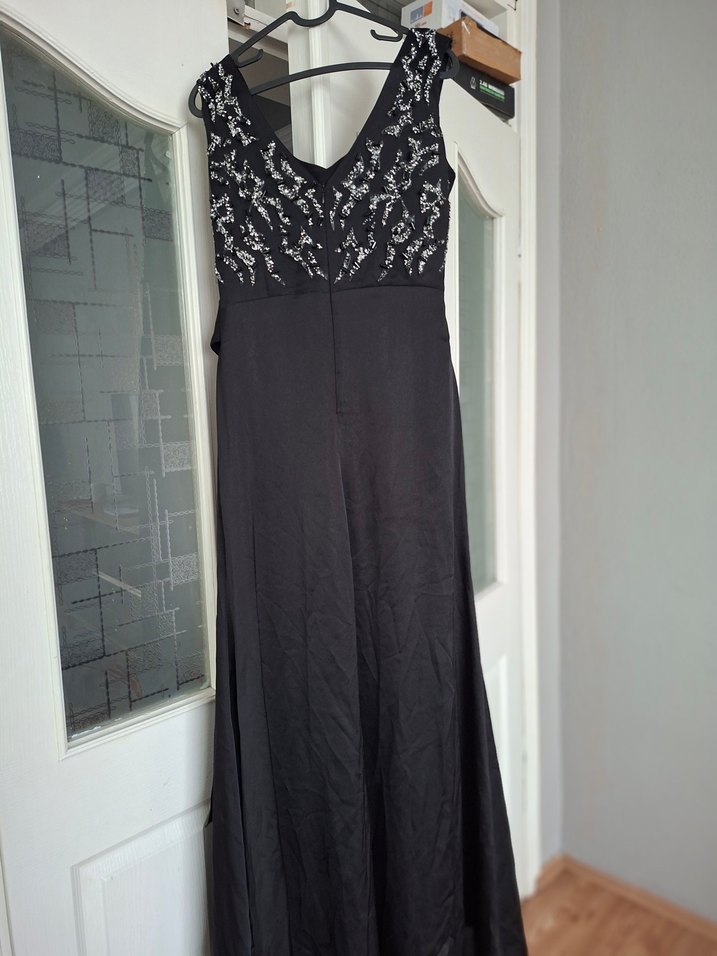 Drapeli İşlemeli Siyah Uzun Abiye Elbise - Görsel 3