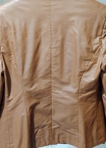 Düğmeli Kısa Kahverengi Deri Kadın Ceket plaka marka - Görsel 4