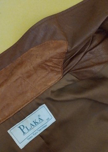 Düğmeli Kısa Kahverengi Deri Kadın Ceket plaka marka - Görsel 5