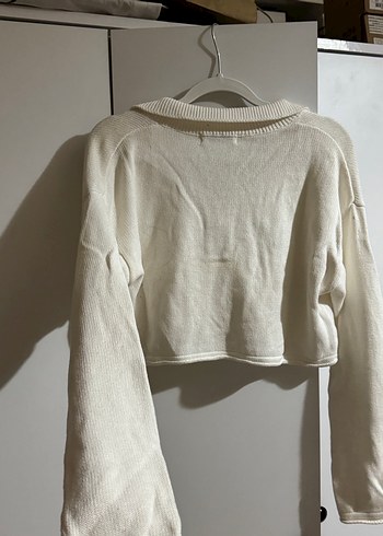 Beyaz Yarım Fermuarlı Örgü Kadın Kazak - Görsel 4