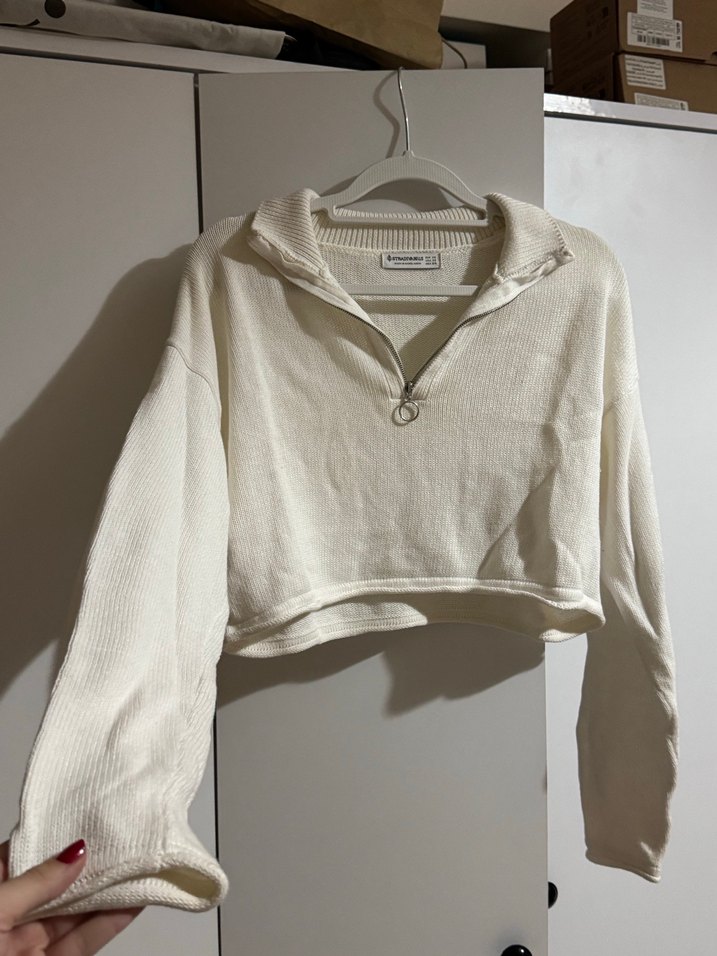 Beyaz Yarım Fermuarlı Örgü Kadın Kazak - Görsel 2