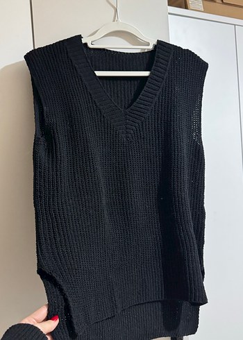 Siyah V Yaka Örgü Kadın Süveter - Görsel 2