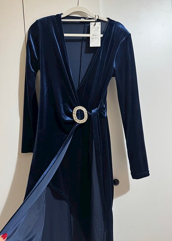 Kemer Detaylı Uzun Kollu Lacivert Kadın Elbise - Görsel 2