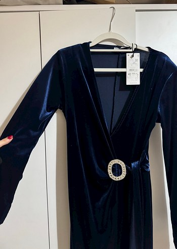 Kemer Detaylı Uzun Kollu Lacivert Kadın Elbise - Görsel 3