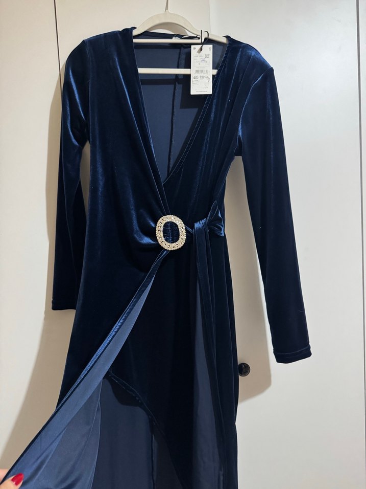 Kemer Detaylı Uzun Kollu Lacivert Kadın Elbise - Görsel 2