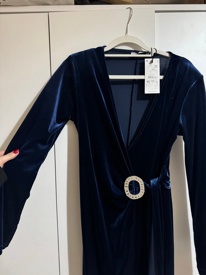 Kemer Detaylı Uzun Kollu Lacivert Kadın Elbise - Görsel 3