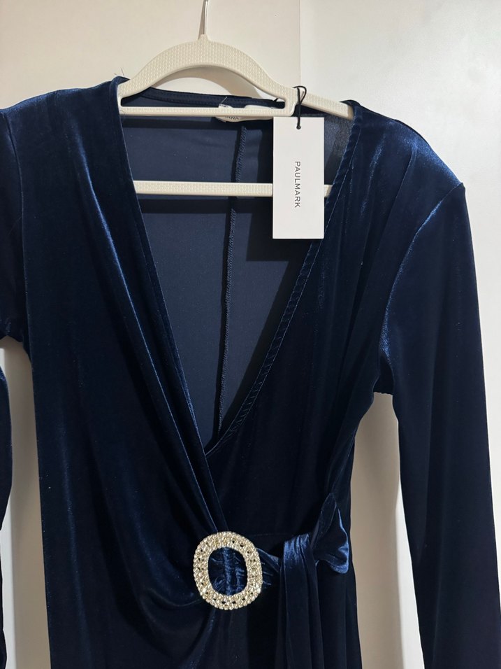 Kemer Detaylı Uzun Kollu Lacivert Kadın Elbise - Görsel 5