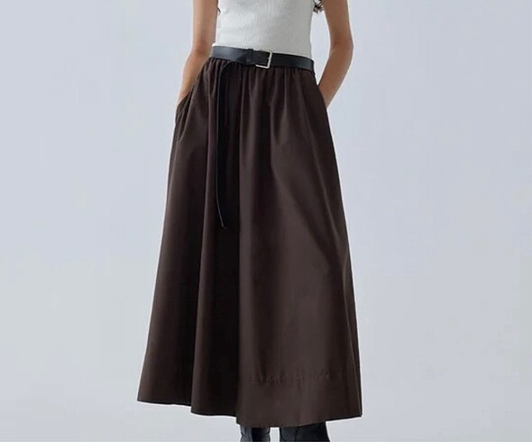 Suud Collection Kahverengi Day Poplin Kloş Etek