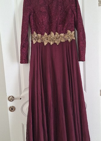 Bordo Uzun Kollu Nakışlı Kadın Abiye - Görsel 2