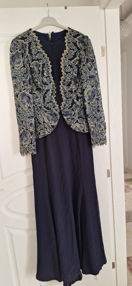 Dantel Detaylı Lacivert Uzun Abiye Elbise - Görsel 2