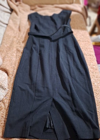 Kemerli Lacivert Kolsuz Uzun Keten Elbise - Görsel 6