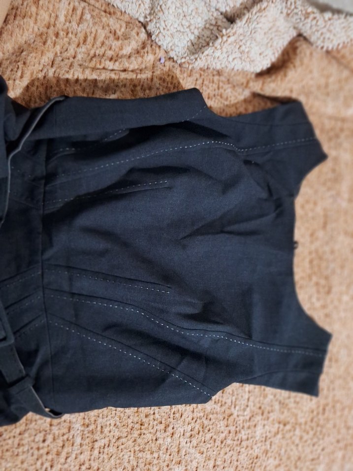 Kemerli Lacivert Kolsuz Uzun Keten Elbise - Görsel 4