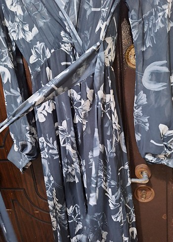 Gri Bohem Uzun V Yaka Elbise - Görsel 4