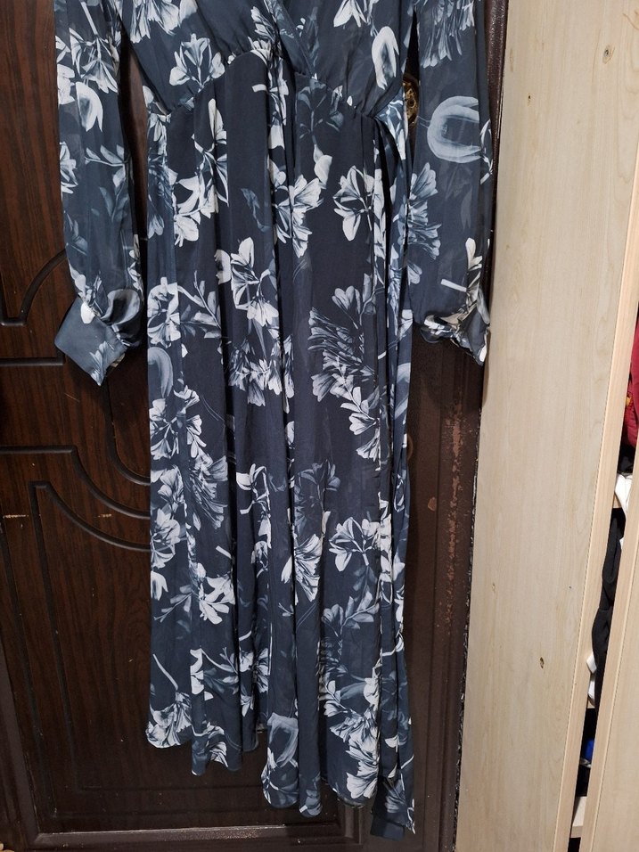 Gri Bohem Uzun V Yaka Elbise - Görsel 2