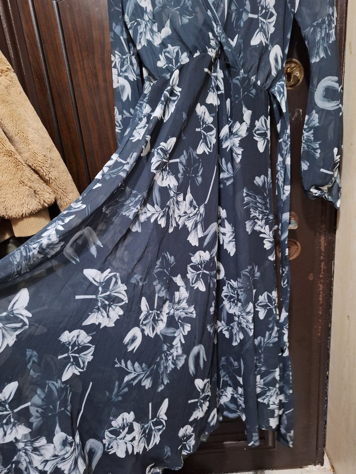 Gri Bohem Uzun V Yaka Elbise - Görsel 3