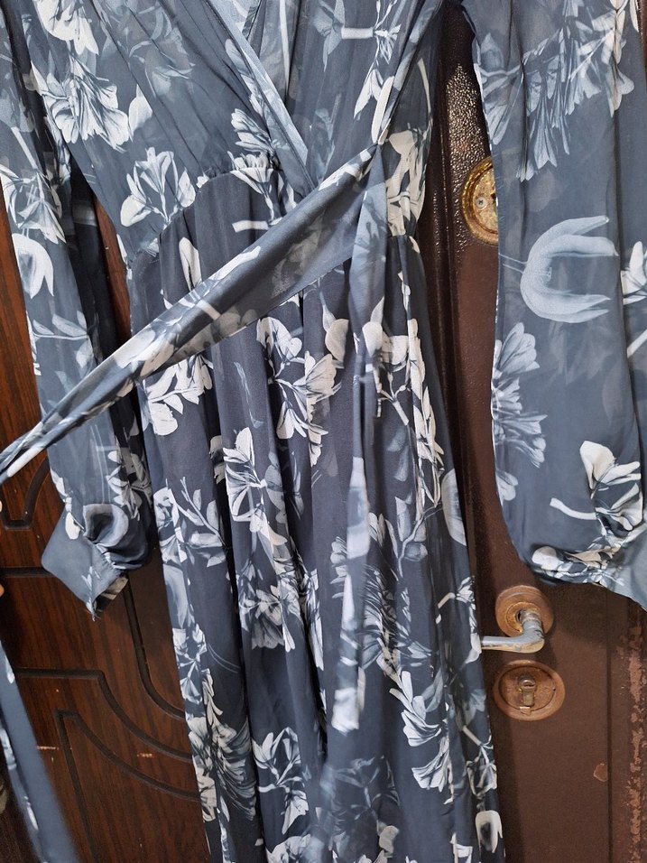 Gri Bohem Uzun V Yaka Elbise - Görsel 4