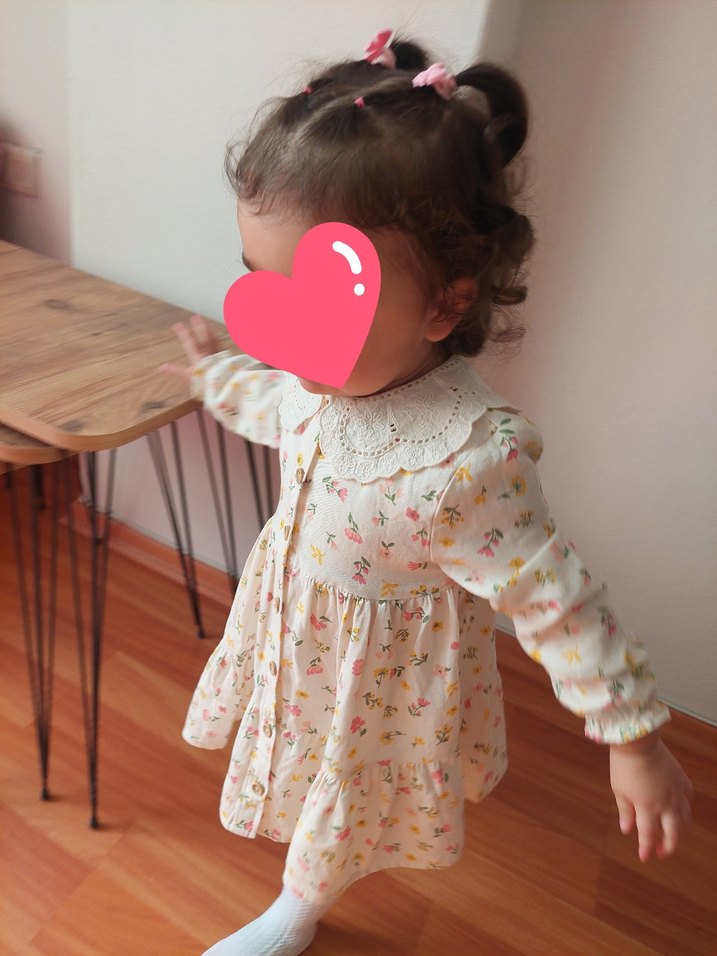 Dantel Yakalı Pastel Bej Kız Elbise - Görsel 2