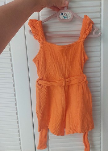 Kız Çocuk Turuncu Keten Düğmeli Tulum - Görsel 2