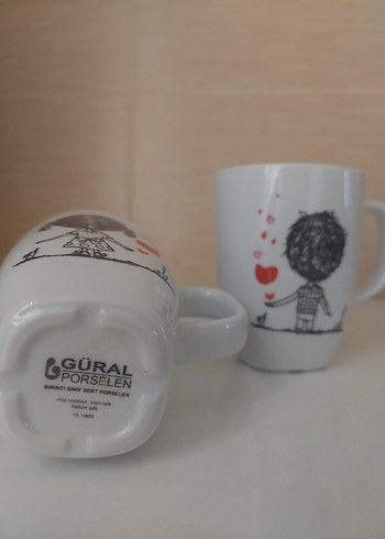 Beyaz Çift Kupa Seti, Kalp Desenli - Görsel 3