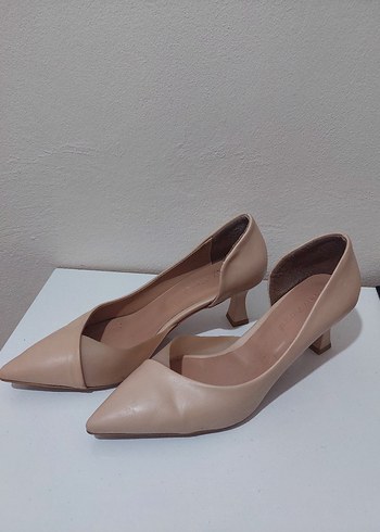 Bej pudra rengi Deri Kadın Blok Topuklu Stiletto - Görsel 3