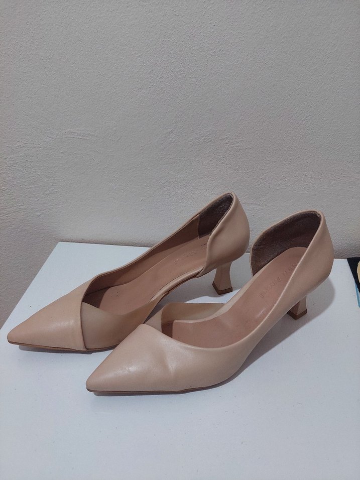 Bej pudra rengi Deri Kadın Blok Topuklu Stiletto - Görsel 3