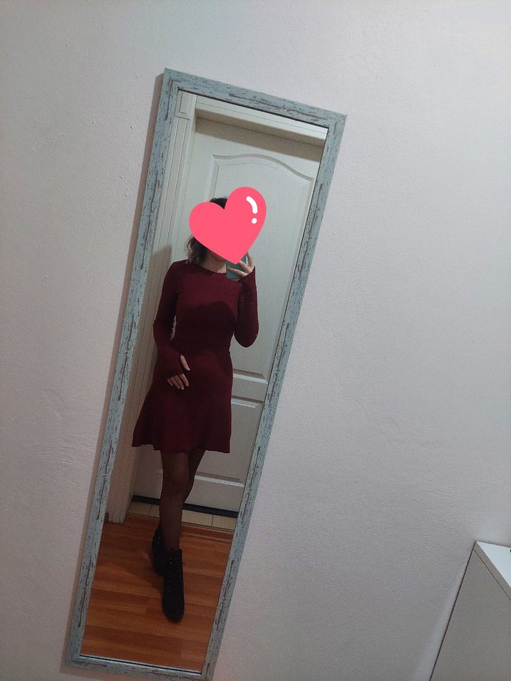 Bordo  Uzun Kollu Triko Elbise - Görsel 3