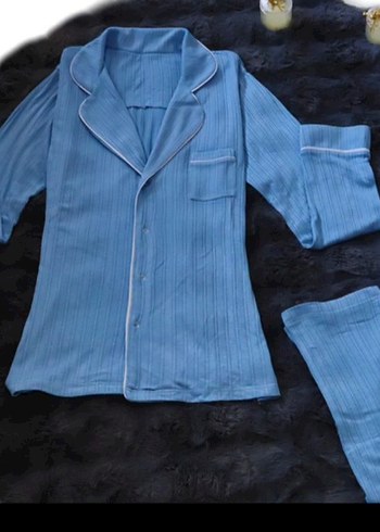 m Beden Mavi Kısa Kollu Midi Kadın Pijama Takımı