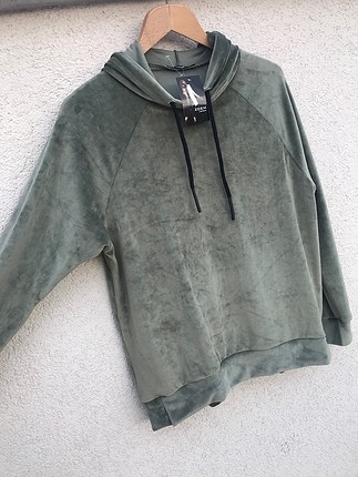 Kadife kapüşonlu uzun sweatshirt 