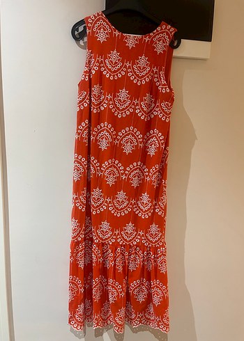 Kırmızı Bağlama Desenli Uzun Bohem Elbise - Görsel 4