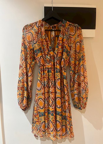 Bohem Çok Renkli Uzun Kollu V Yaka Elbise - Görsel 2