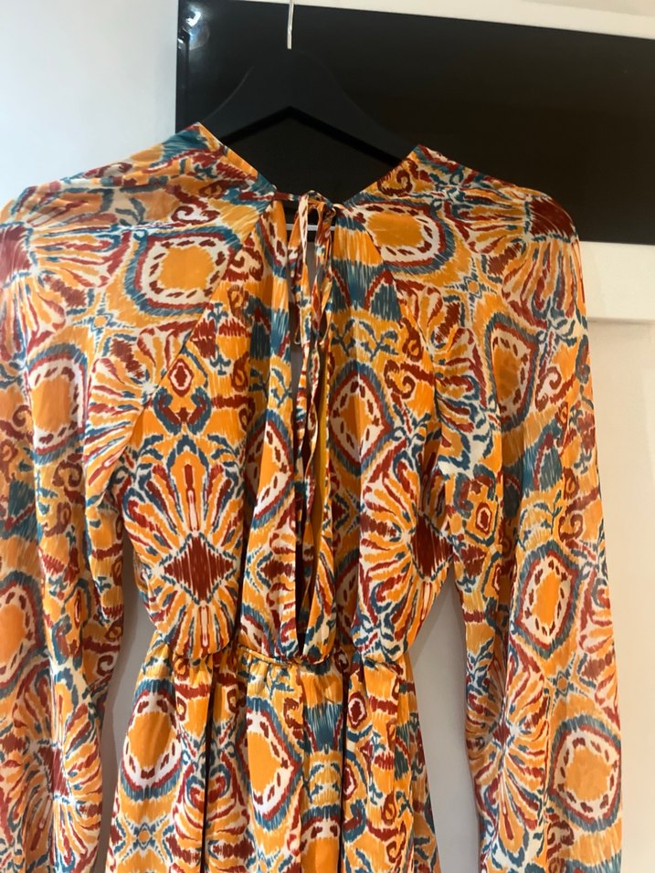 Bohem Çok Renkli Uzun Kollu V Yaka Elbise - Görsel 5