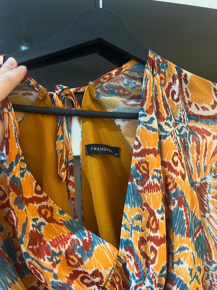 Bohem Çok Renkli Uzun Kollu V Yaka Elbise - Görsel 3