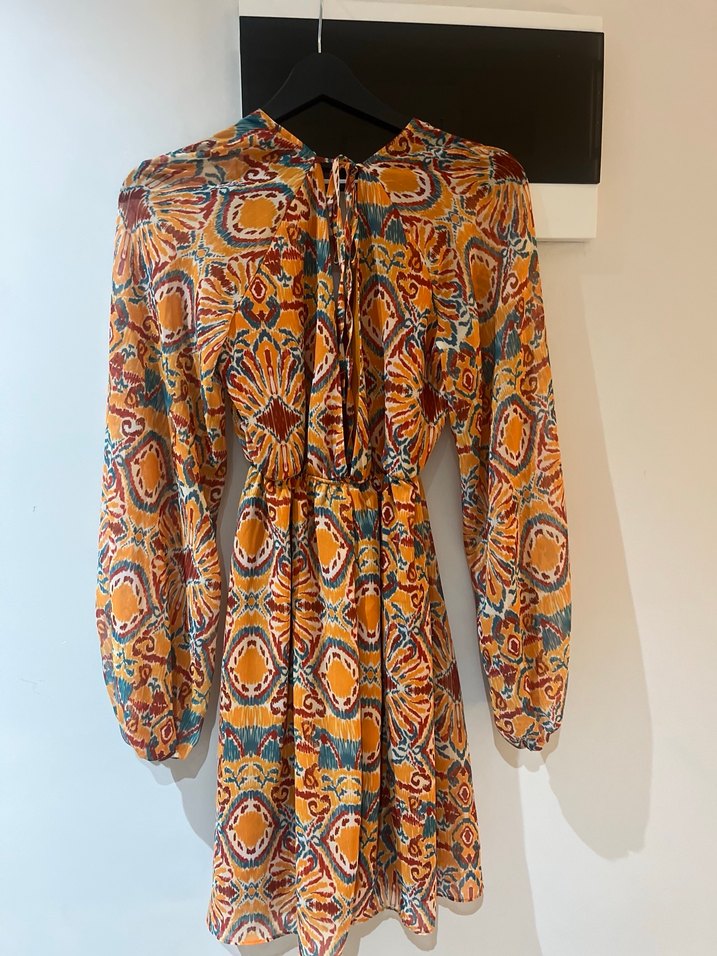 Bohem Çok Renkli Uzun Kollu V Yaka Elbise - Görsel 4