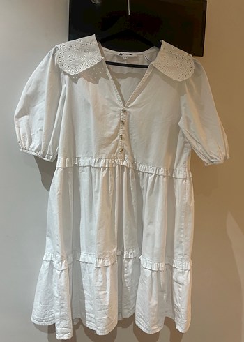 Fırfırlı Beyaz Midi Keten Elbise - Görsel 2