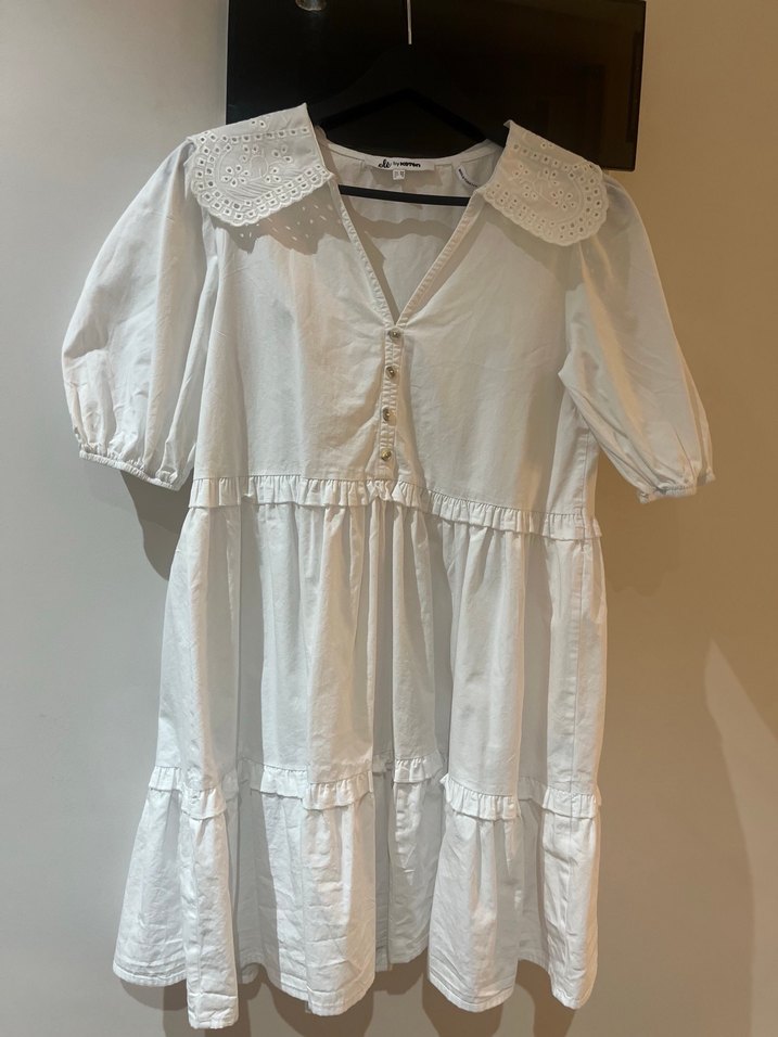 Fırfırlı Beyaz Midi Keten Elbise - Görsel 2