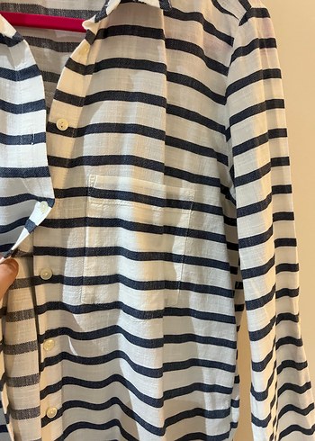 Gri Çizgili Pamuklu Kadın Gömlek - Görsel 2