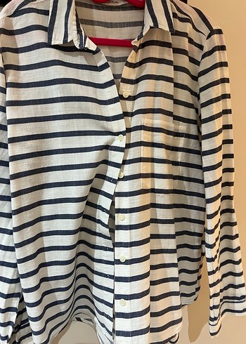 Gri Çizgili Pamuklu Kadın Gömlek - Görsel 3