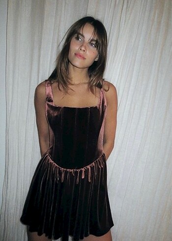 Bordo Drapeli Straplez Mini Elbise - Görsel 3