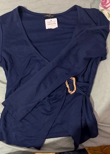 Koyu Mavi V Yaka uzun Kollu Kadın Bluz - Görsel 2