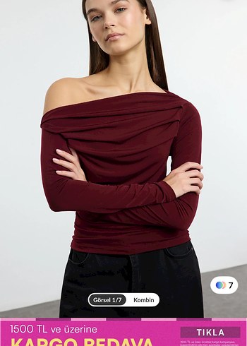 Bordo Drapeli Uzun Kollu Kadın Bluz - Görsel 4