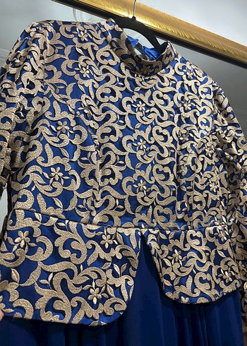 Uzun Kollu Desenli Mavi Kadın Abiye - Görsel 2