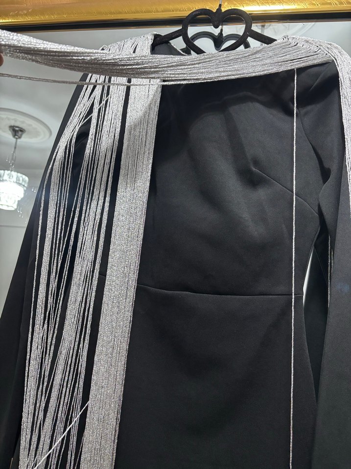 Püsküllü Gri Uzun Kollu Kadın Mini Elbise - Görsel 3