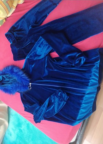 Kürk Detaylı Koyu Mavi Goth Kadife eşofman takımı yeni - Görsel 2